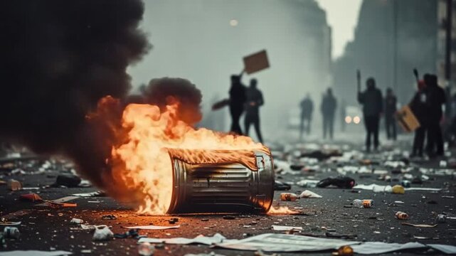 Burning Car Amidst Protest: A powerful scene of civil unrest unfolds as a car engulfed in flames becomes a stark symbol of defiance amidst a demonstration, with silhouetted figures and signs.
