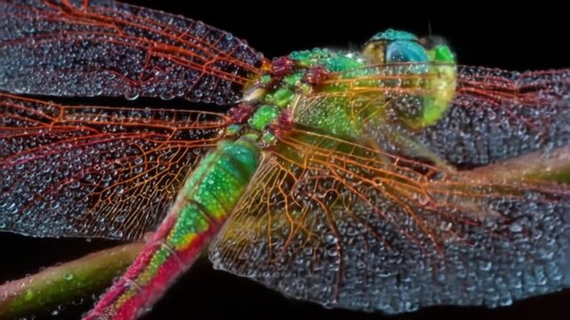 Close up of a colorful dragonfly with iridescent wings on a dark background