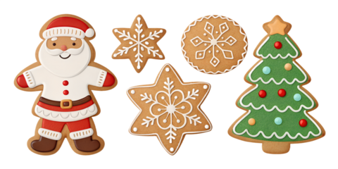 Gingerbread Christmas cookies set isolated on transparent background. Cute festive biscuits in shapes of snowflake, star, Santa, man, and tree. Decorative holiday cookies for winter, Christmas, and Ne