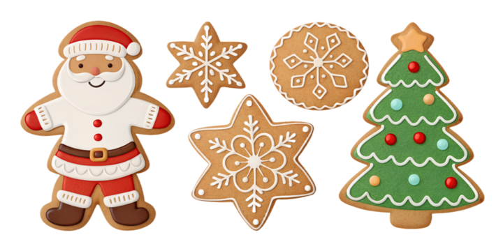 Gingerbread Christmas cookies set isolated on transparent background. Cute festive biscuits in shapes of snowflake, star, Santa, man, and tree. Decorative holiday cookies for winter, Christmas, and Ne