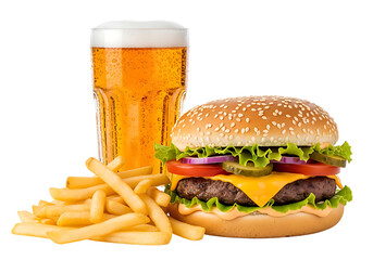 Juicy cheeseburger with crispy french fries and a tall glass of cold beer isolated on transparent background