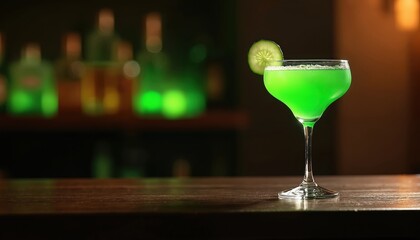 Elegant cocktail presentation with green drink in glass. Bar interior with bright bottles backdrop. Chilled beverage with cucumber garnish on table ready to drink. Fancy night drink