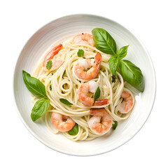 Gourmet Shrimp Linguine: Italian Seafood Pasta with Fresh Basil Leaves on transparent background