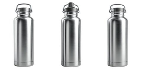 Three metallic, cylindrical water bottles with black caps and a ring handle are displayed