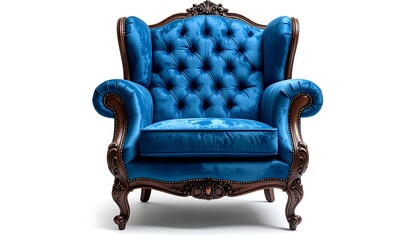 A luxurious velvet armchair in vibrant blue with ornate wooden detailing