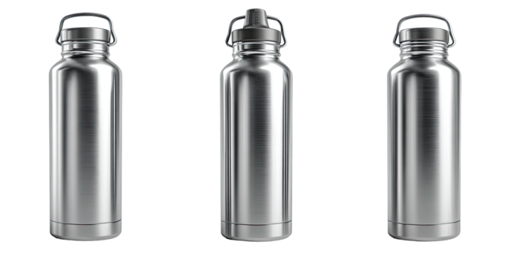 Three metallic, cylindrical water bottles with black caps and a ring handle are displayed