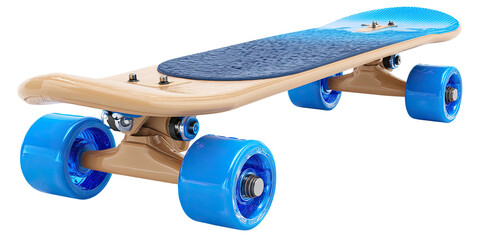 A vibrant, detailed illustration of a skateboard featuring a colorful deck and striking blue wheels