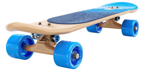 A vibrant, detailed illustration of a skateboard featuring a colorful deck and striking blue wheels