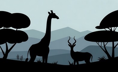 Serene african savanna silhouette with giraffe and antelope amidst acacia trees and rolling hills