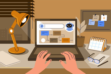Workflow automation illustration. Character working on laptop with smart dashboards, AI automated business processes on screen. Task management, onboarding, artificial intelligence tools. 