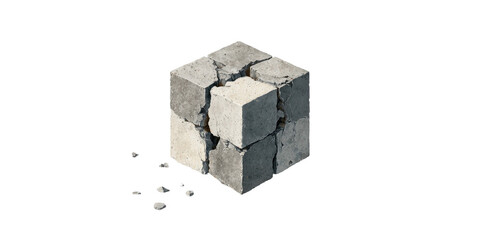 A cracked, gray cubic object, possibly concrete, with small broken pieces nearby