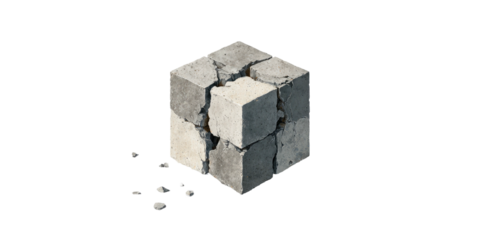 A cracked, gray cubic object, possibly concrete, with small broken pieces nearby