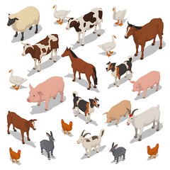 A diverse collection of farm animals presented in a charming isometric style for any project