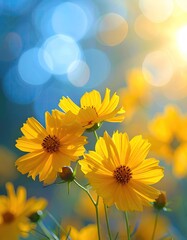 Fototapeta premium Bright yellow flowers against a bokeh sky and sun