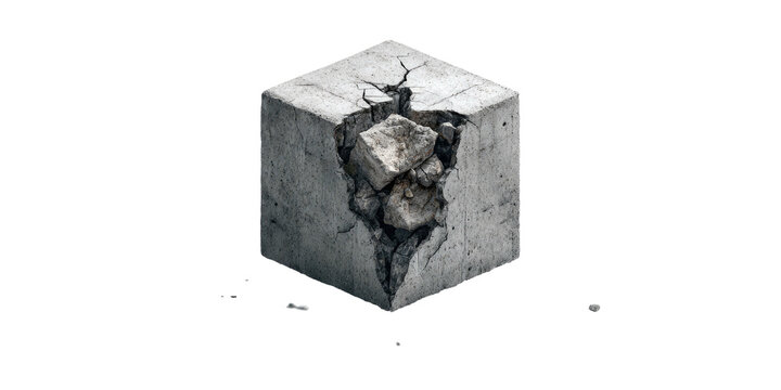 A cracked concrete cube with broken pieces, a graphic of ruin