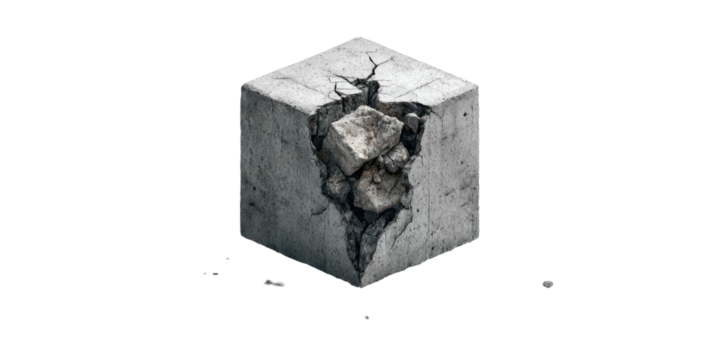A cracked concrete cube with broken pieces, a graphic of ruin