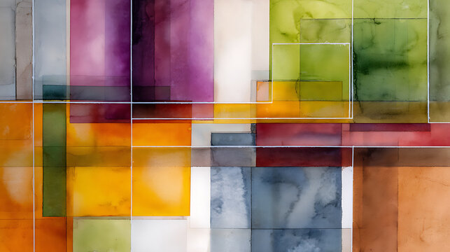 Geometric watercolor painting with vibrant hues and layered shapes abstract rectangles