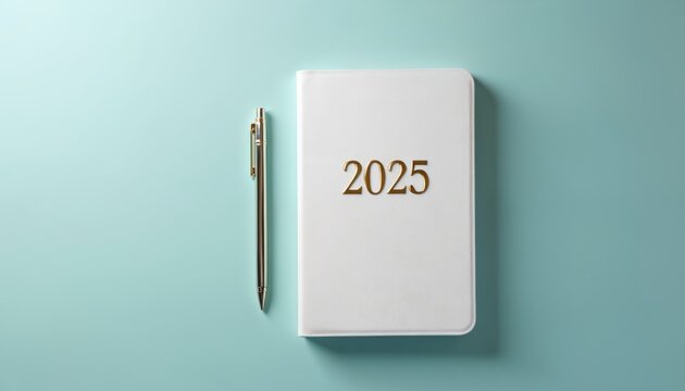 Clean white 2025 planner with gold lettering rests beside a silver pen on a light blue background. Minimalist flat lay signifies new year planning and organization tasks.