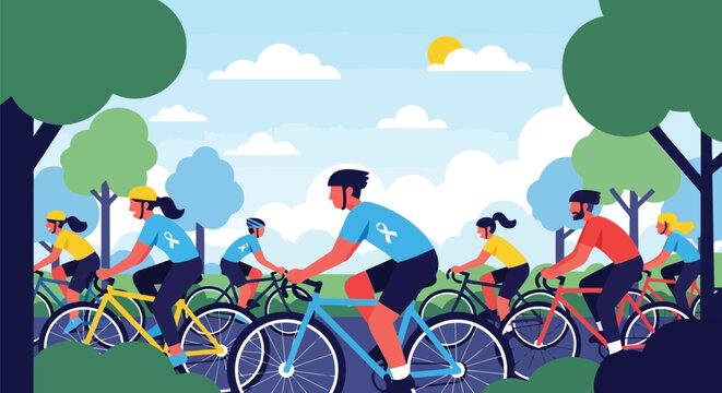 Group of people cycling together in a park on a sunny day, enjoying outdoor activity and healthy exercise amidst trees and blue sky