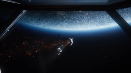 Witness a breathtaking journey through space, showcasing a spacecraft navigating orbit while revealing the brilliant lights of Earth below at night. The beauty of the cosmos unfolds - Powered by Adobe