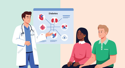 Doctor explaining diabetes to a couple, showing a diagram of affected organs like heart and kidneys on a screen