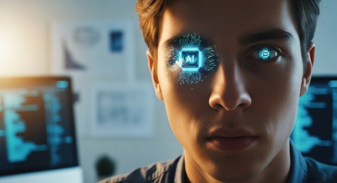 Man's Integration With Artificial Intelligence Concept Futuristic Technology