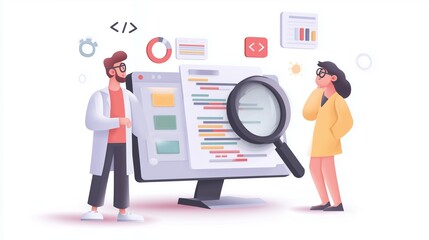 Two people analyzing code on a screen with a magnifying glass, symbolizing code review.