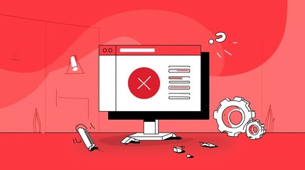 A computer screen shows an error message, surrounded by gears and tools, symbolizing error handling.