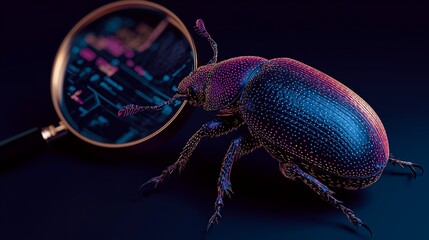 A magnifying glass examines a bug over code, symbolizing debugging.
