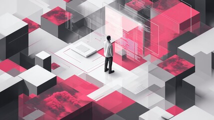 A person navigates a 3d maze of code blocks, symbolizing the complexity and problem-solving in programming challenges.