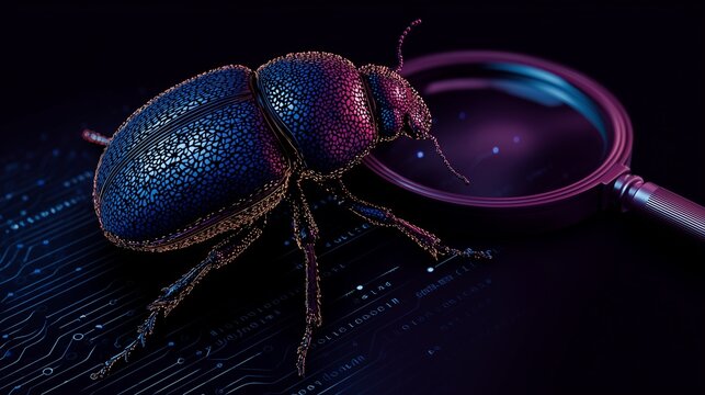 A beetle under a magnifying glass symbolizes debugging by examining bugs closely.
