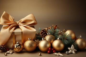 Elegant golden gift box with luxurious Christmas ornaments and pine branches, perfect for holiday celebrations and festive promotions