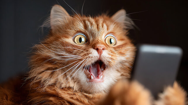 Ginger cat with wide eyes and open mouth looking at phone orange fluffy