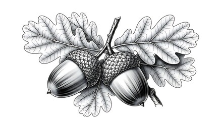 Phrase 1: Detailed black and white drawing of two acorns still attached to a stem.