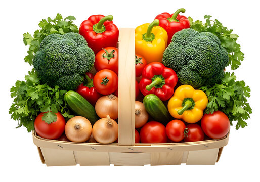 A woven basket overflowing with fresh colorful healthy vegetables isolated on transparent background