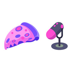 Vibrant cartoon illustration of a fantasy pizza and a podcast microphone for broadcast shows