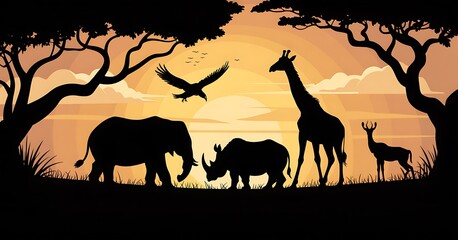 African wildlife silhouettes at sunset scene majestic elephant rhino giraffe eagle savanna landscape