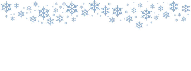 Fototapeta premium Winter snow border with pale blue snowflakes of varying sizes drifting down from the top edge against a clean white background. Minimalist, cold-toned design suitable for Christmas, New Year