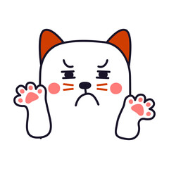 Cute cartoon cat character with a grumpy expression and paws up in a gesture of refusal or stop