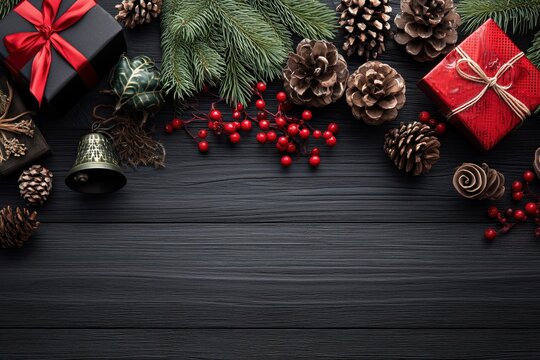 Christmas Decorations on Dark Wooden Background with Pine Cones, Gift Boxes, Bell, and Holly Berries