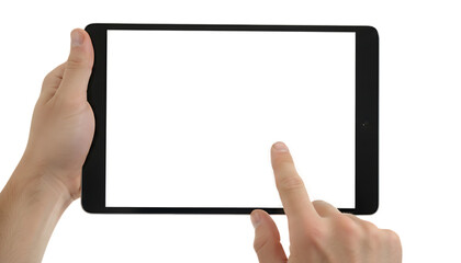Person holding tablet with blank screen for content insertion