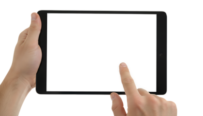 Person holding tablet with blank screen for content insertion