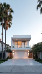 Fototapeta premium Two story house with white exterior walls, balcony and garage. Modern architecture building design with palm trees on property. Residence has driveway and entrance gates for privacy and security.