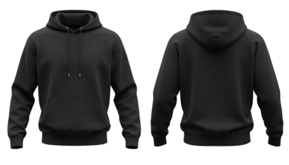 Black hoodie with front pocket and adjustable drawstring hood