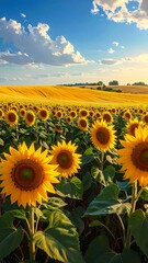 Fototapeta premium Vast field of bright yellow sunflowers under a blue sky with fluffy clouds
