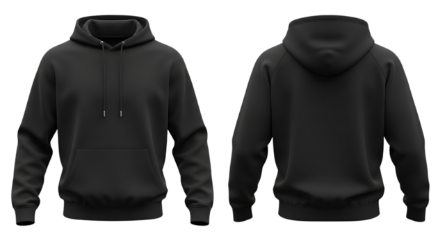 Black hoodie with front pocket and adjustable drawstring hood