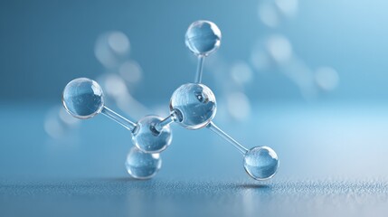 Molecular model with transparent spheres and connecting rods against a blue background, illustrating concepts of chemistry, physics, and medical innovation