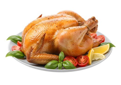 Whole roasted golden brown chicken served on a plate with fresh basil tomatoes and lemon slices isolated on transparent background