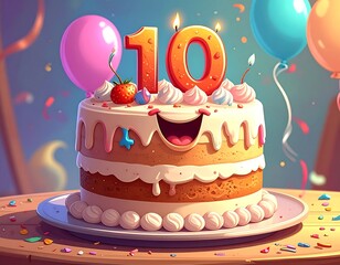 Festive 10th Birthday Cake with Balloons and Confetti.