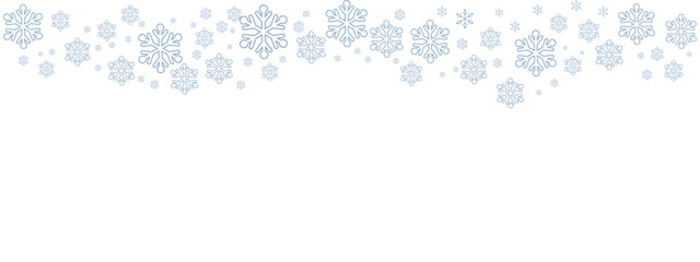 Fototapeta premium Winter snow border with pale blue snowflakes of varying sizes drifting down from the top edge against a clean white background. Minimalist, cold-toned design suitable for Christmas, New Year